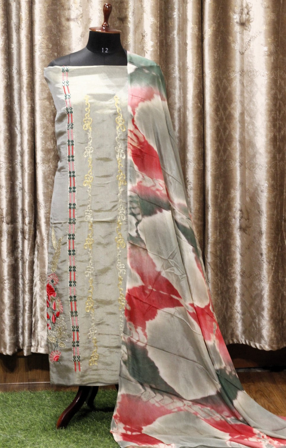Greenish Greay Full Suit With Tie Dye Dupatta-1577