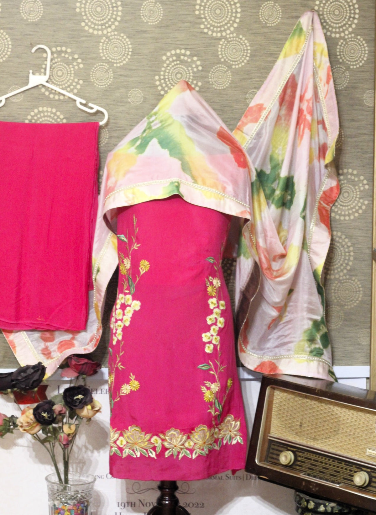 Gajari Pink Full Suit With Tabbi Silk Tie Dye Dupatta-1614