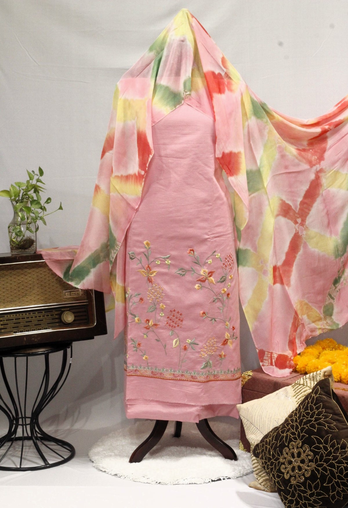 Pink Full Suit With Malmal Cotton Tie Dye Dupatta-1634
