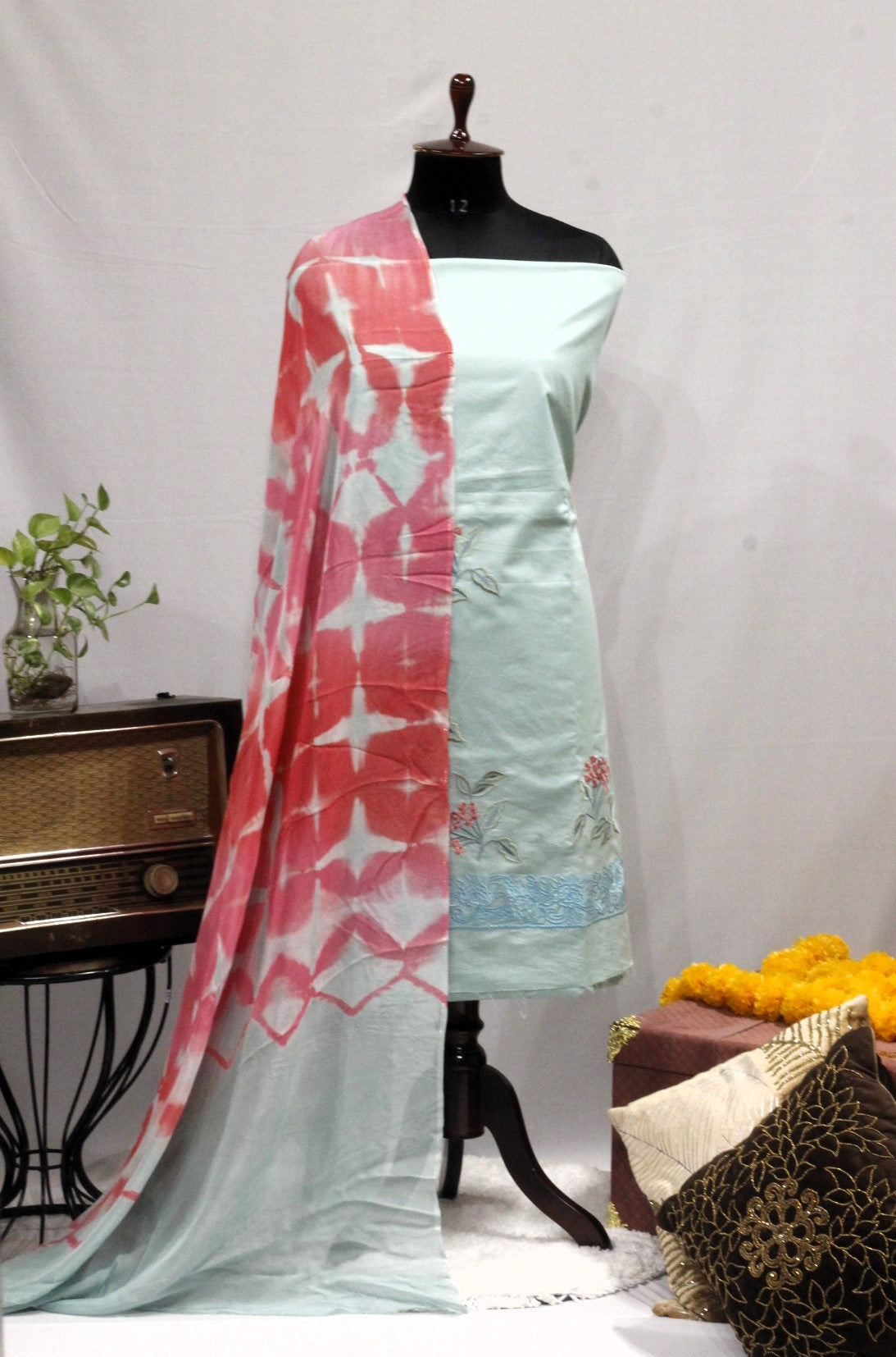 Light Sky Full Suit With Tie Dye Malmal Dupatta-1636