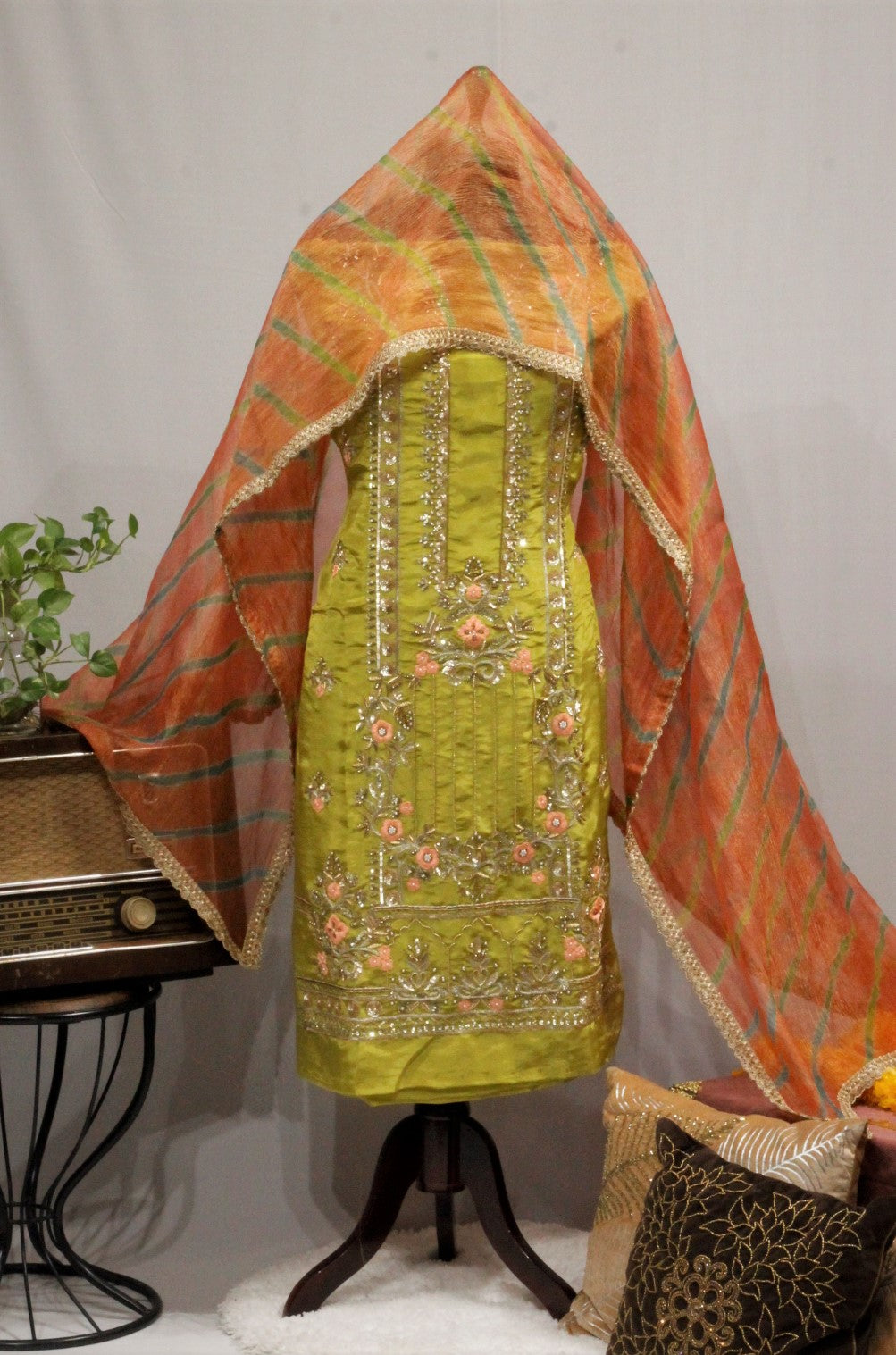 Green Full Suit With Rust Tie Dye dupatta-1644