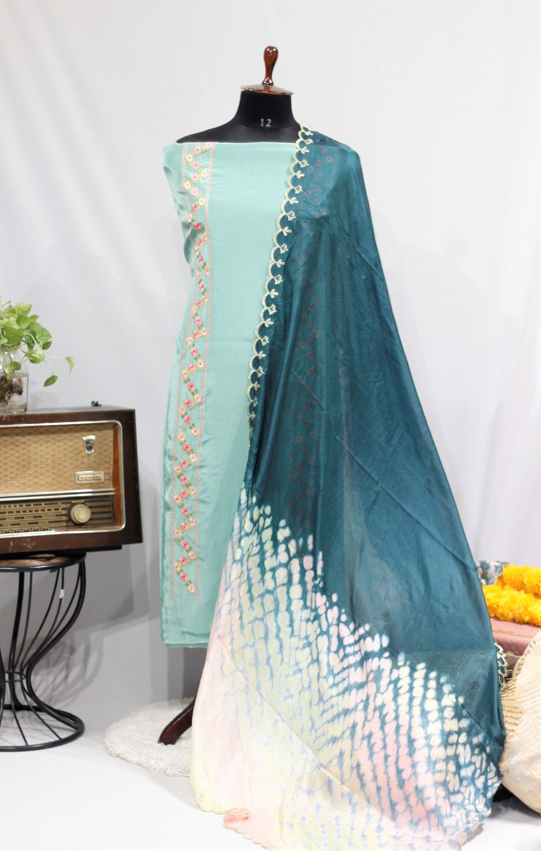 Sea Green Full Suit With Tie Dye Dupatta-1688