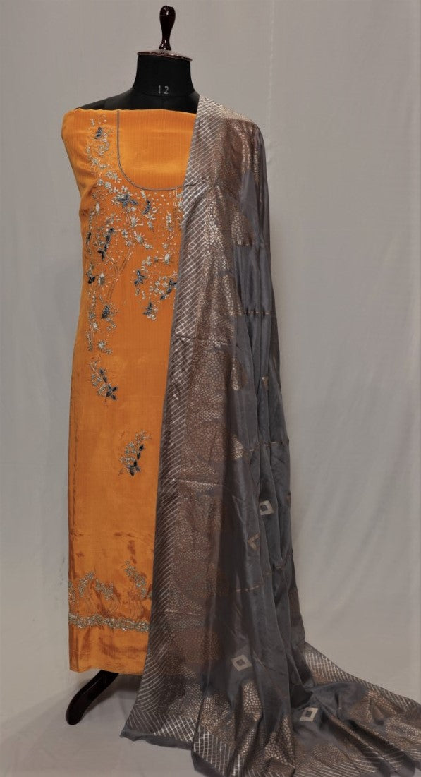 Yellowish Orange Full Suit With Greay Tabbi Silk Dupatta-1383