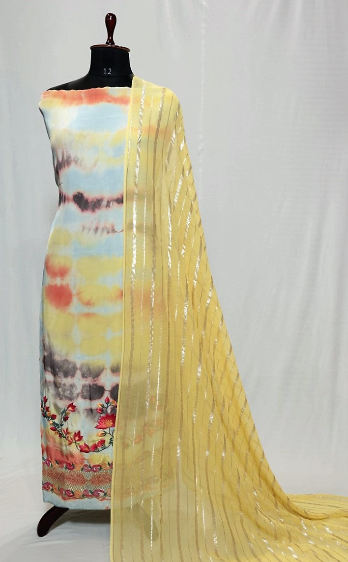 Tie and Dye Full Suit With Lemon Yellow Dupatta-1398