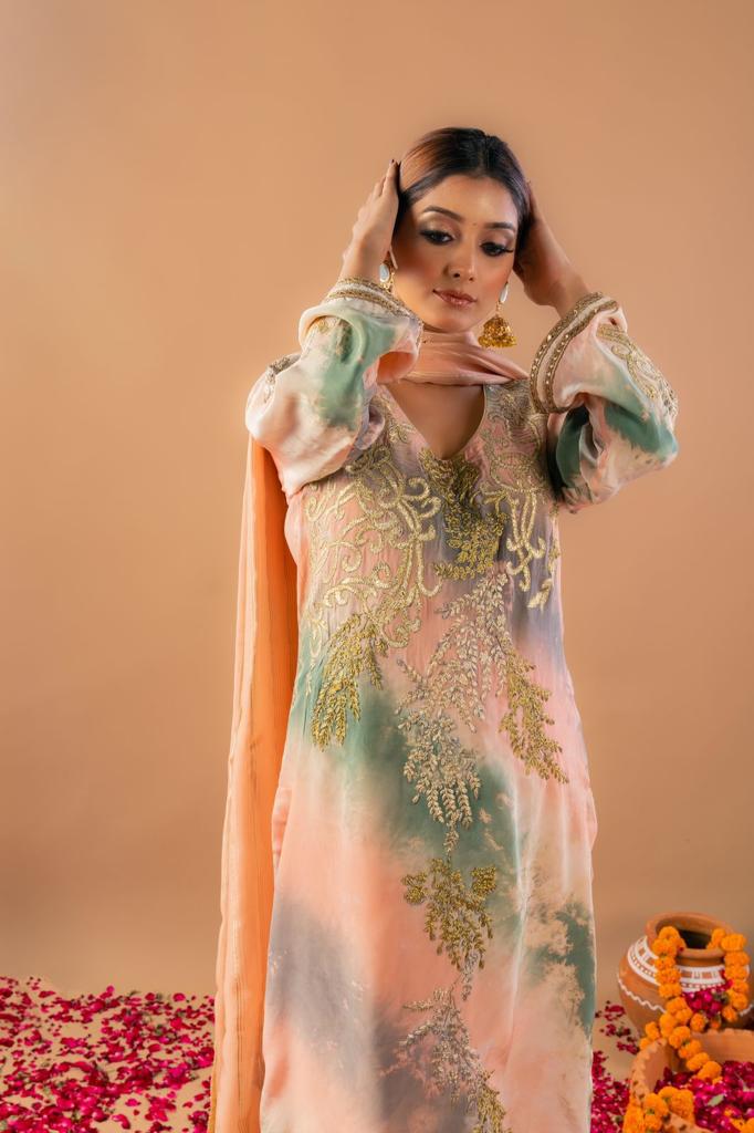 Peach Tie Dye Full Suit With Organza Dupatta-1373