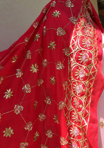 Peach Full Dress With Peach and Red Two Dupatta's