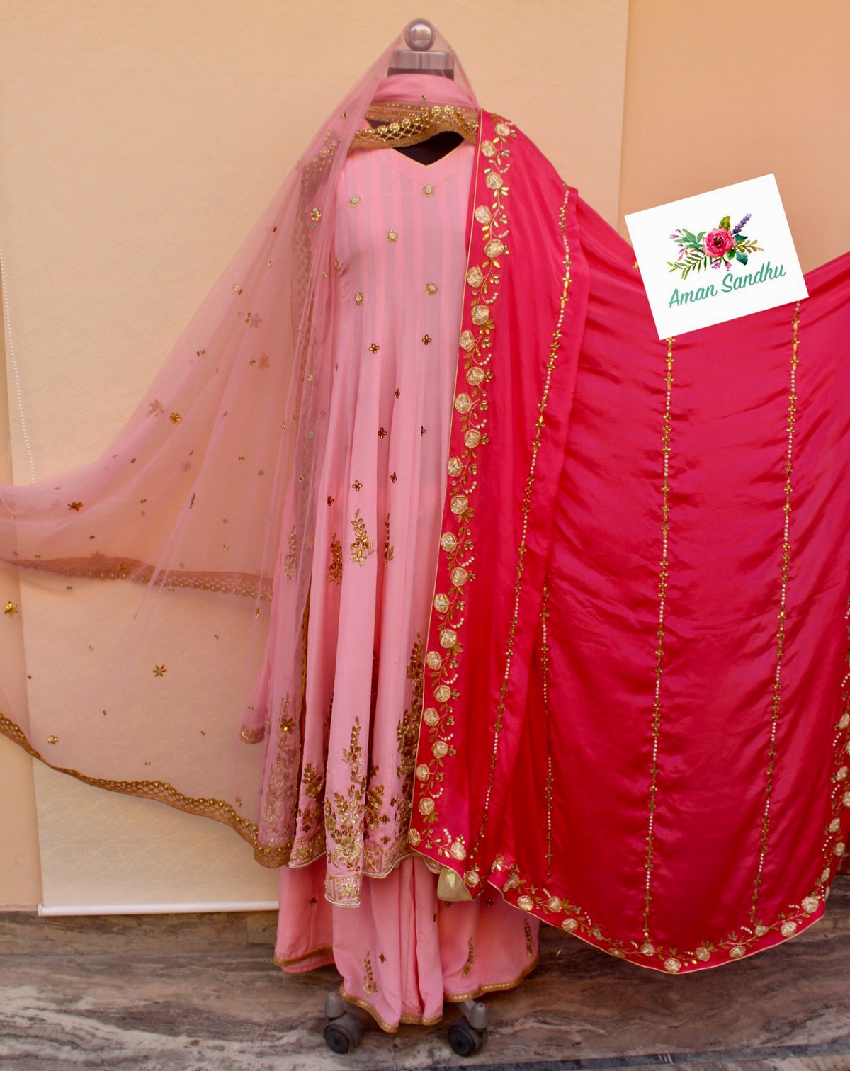 Pink Full Dress With Three Dupattas