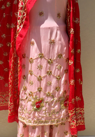 Peach Full Dress With Peach and Red Two Dupatta's