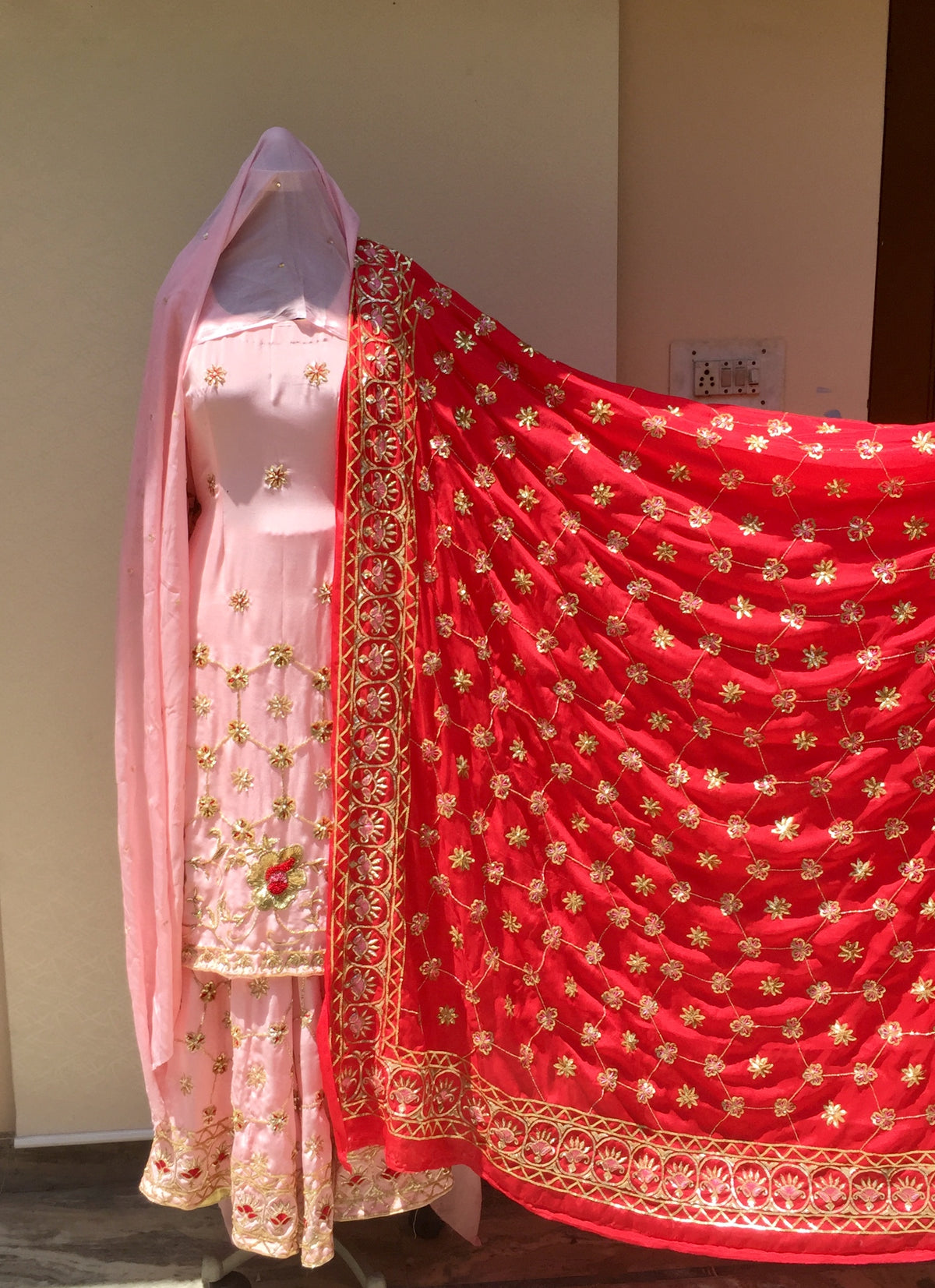 Peach Full Dress With Peach and Red Two Dupatta's
