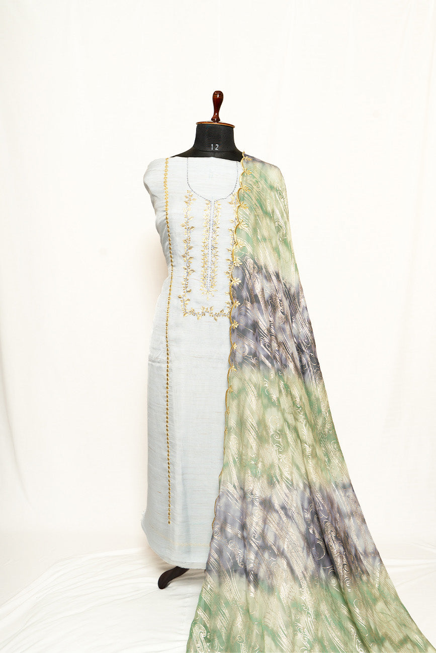 Light Greay Full Suit with Georgette Chiffon Foil Tie Dye Dupatta- 1313