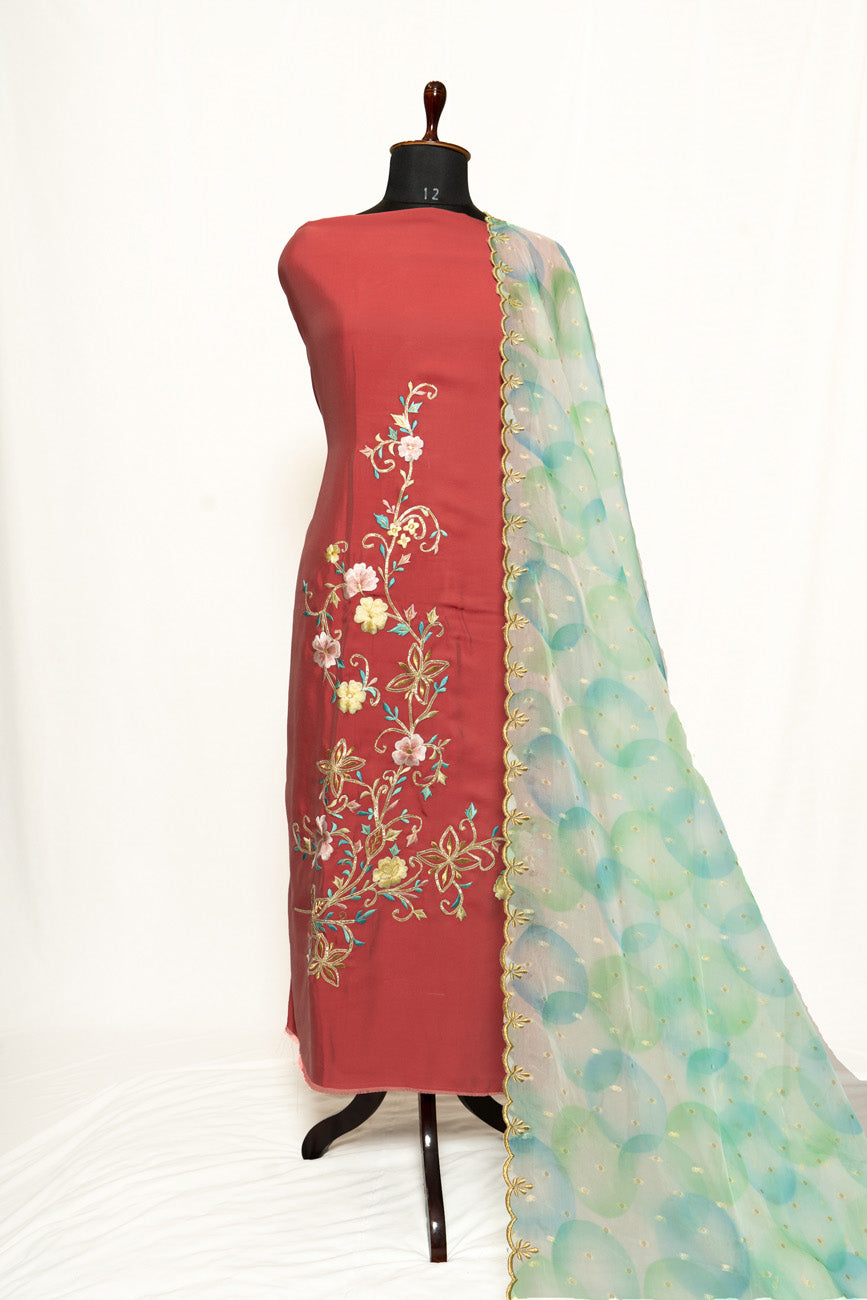 Dark Peach Full Suit with Organza Tie Dye Dupatta- 1315