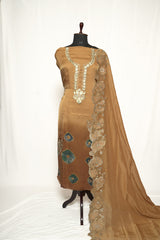 Beige Brown Duble Dye Suit with Organza Lines Dupatta- 1316