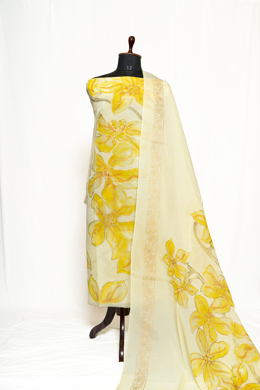 Light Yellow Painted full Suit with painted Organza Dupatta-1336