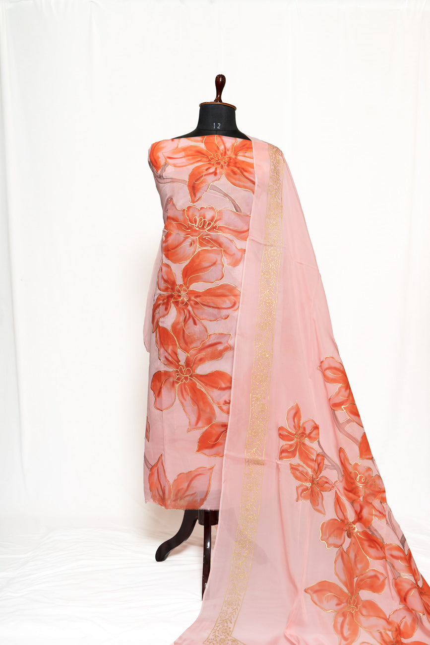 Peach Painted Full Suit with Organza Painted Dupatta-1337