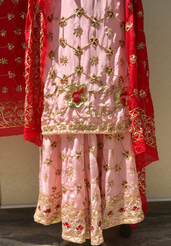 Peach Full Dress With Peach and Red Two Dupatta's