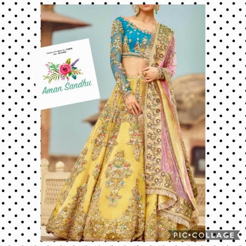 Firoji and Yellow Lehenga Choli With Pink Net Dupatta