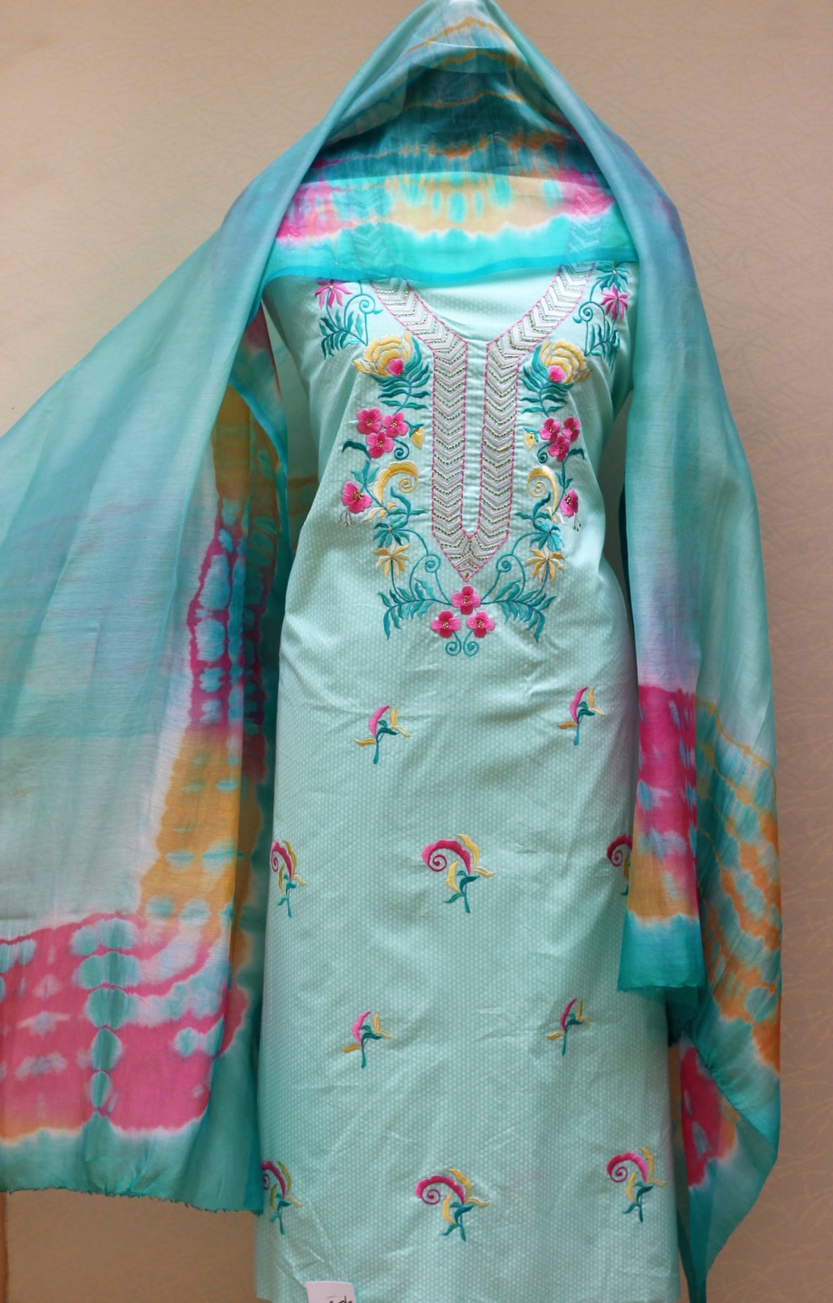 Firoji Full Suit With Chanderi Kota Tie Dye Dupatta