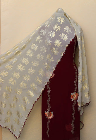 Maroon Full Suit With Light Greay Georgette Chiffon Dupatta