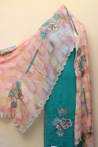Peacock Firoji Full Suit With Chinon Chiffon Tie Dye Dupatta