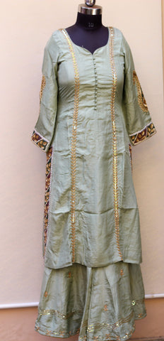 Greay Green Full Suit With Organza Dupatta
