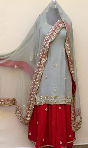 Greay Green and Maroon Full Suit With Greay Green Dupatta