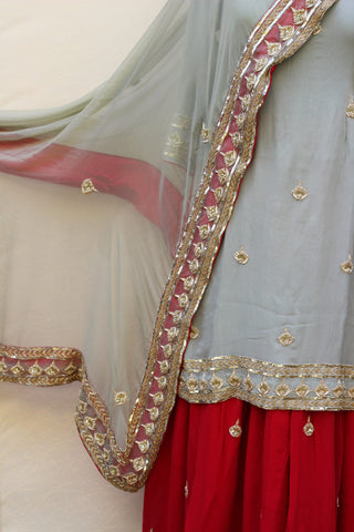 Greay Green and Maroon Full Suit With Greay Green Dupatta
