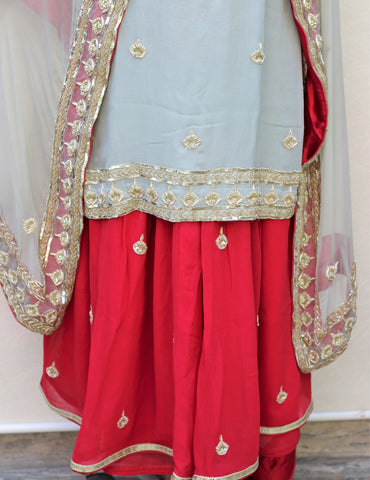 Greay Green and Maroon Full Suit With Greay Green Dupatta