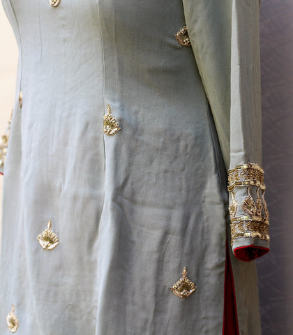 Greay Green and Maroon Full Suit With Greay Green Dupatta
