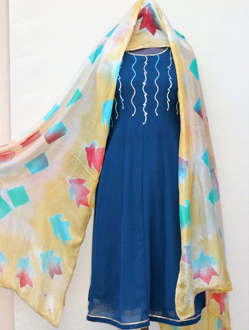 Peacock Blue Full Suit With Tabbi Silk Tie Dye Dupatta