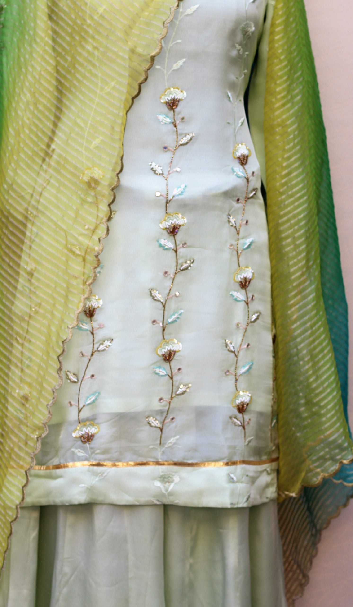 Pista Green Sharara Suit With Tissue Organza Tie Dye Dupatta