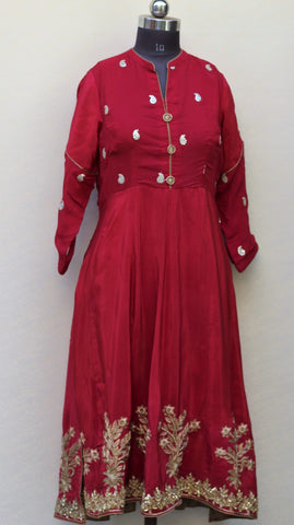 Maroon Frock Suit With Peach Chinon Chiffon Dupatta