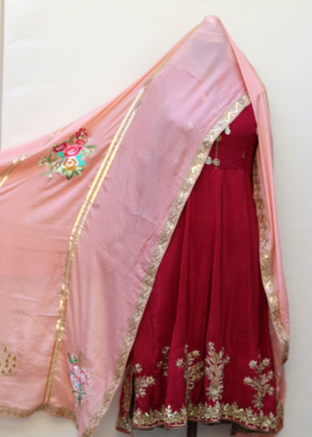 Maroon Frock Suit With Peach Chinon Chiffon Dupatta