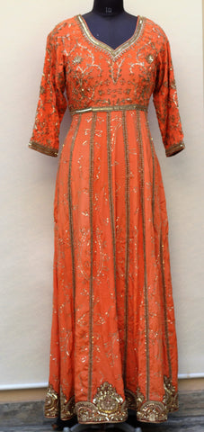 Orange Full Long Dress With Off White Self Chinon Chiffon Dupatta