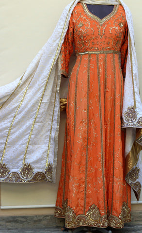 Orange Full Long Dress With Off White Self Chinon Chiffon Dupatta