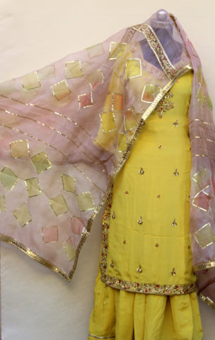 Lemon Yellow Full Suit With Organza Tie Dye Dupatta