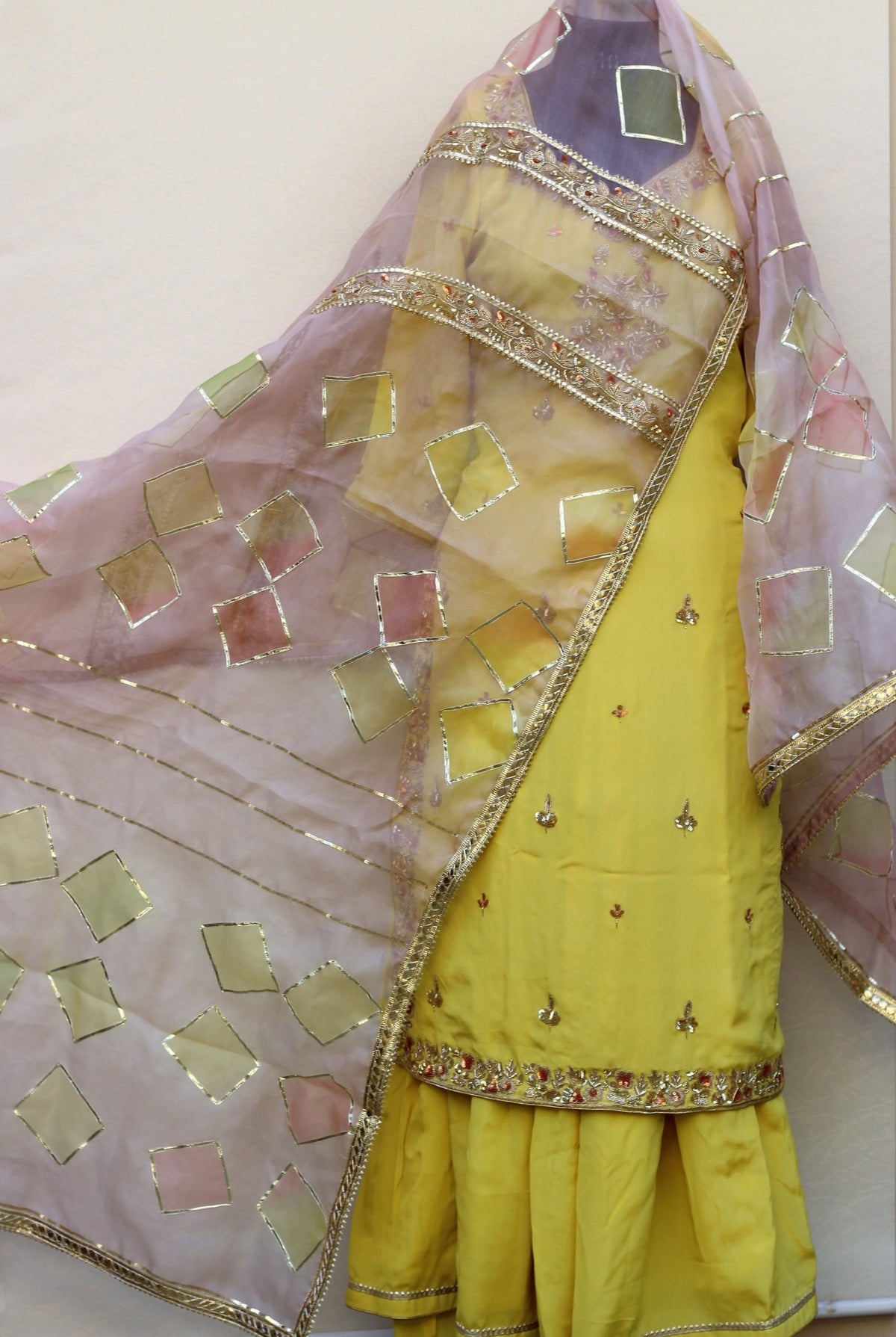 Lemon Yellow Full Suit With Organza Tie Dye Dupatta