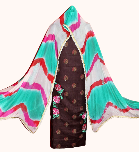 Coffee Colour Full Suit With Tabbi Silk Tie Dye Dupatta