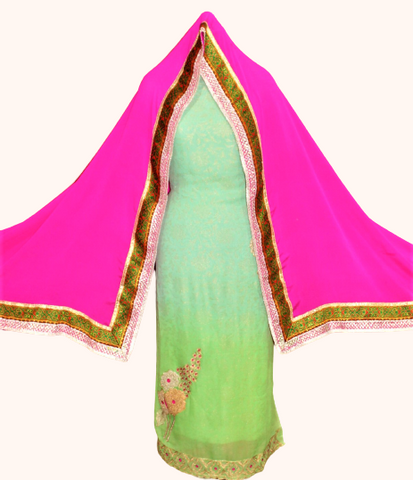 Green and Firoji Double Dye Full Suit With Pink Chinon Chiffon Dupatta