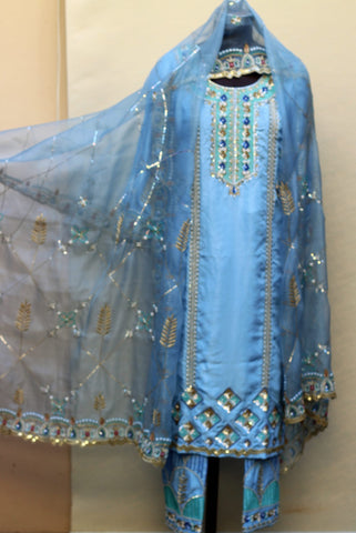 Blueish Gray Full Suit With Organza Dupatta