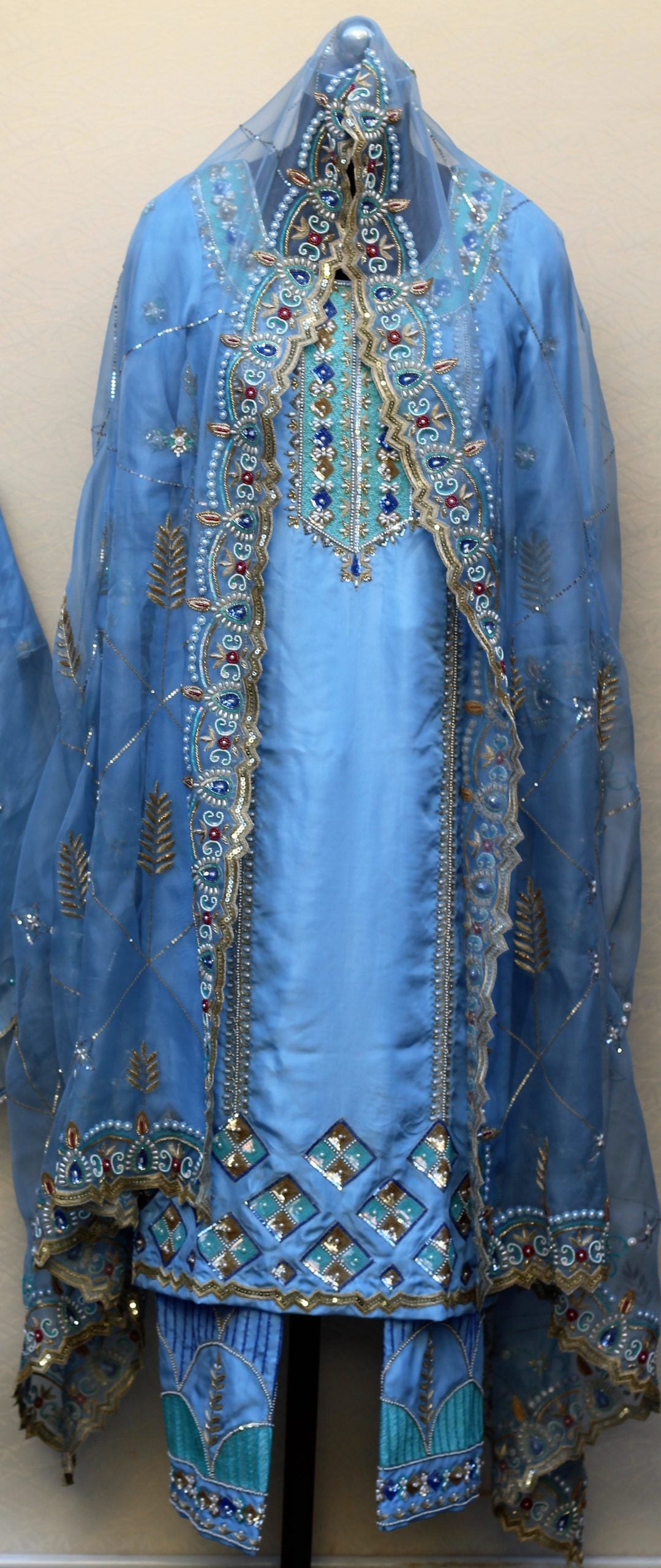 Blueish Gray Full Suit With Organza Dupatta