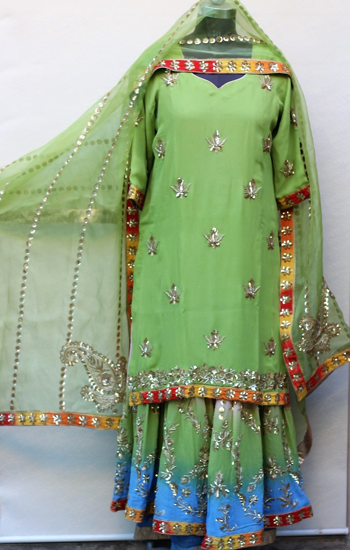 Mehndi Green Garara Suit With Organza Dupatta