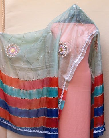 Sea Green Tie Dye Organza Hand Work Dupatta