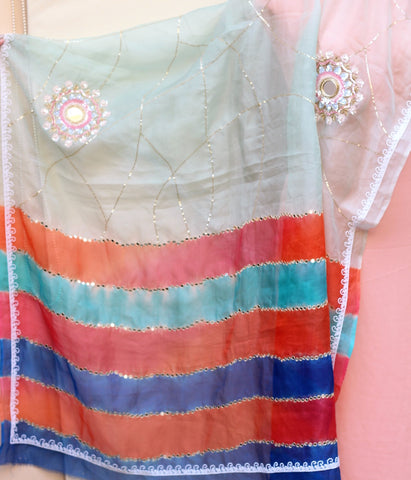 Sea Green Tie Dye Organza Hand Work Dupatta