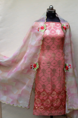 Peach Gajari Full Suit With Organza Tie Dye Dupatta