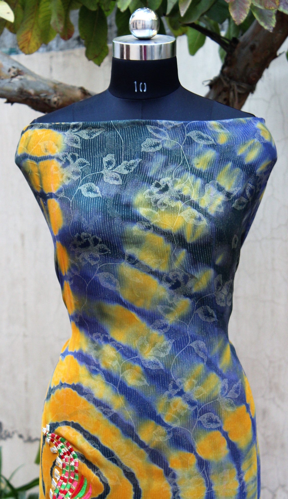 Mustard and Blue Tie Dye Full Suit With Chinon Chiffon Tie Dye Dupatta