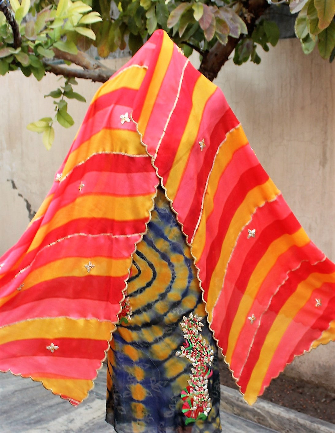 Mustard and Blue Tie Dye Full Suit With Chinon Chiffon Tie Dye Dupatta