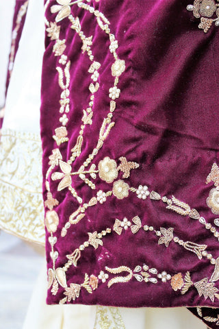 Cream Colour Dress With Wine Velvet Shawl