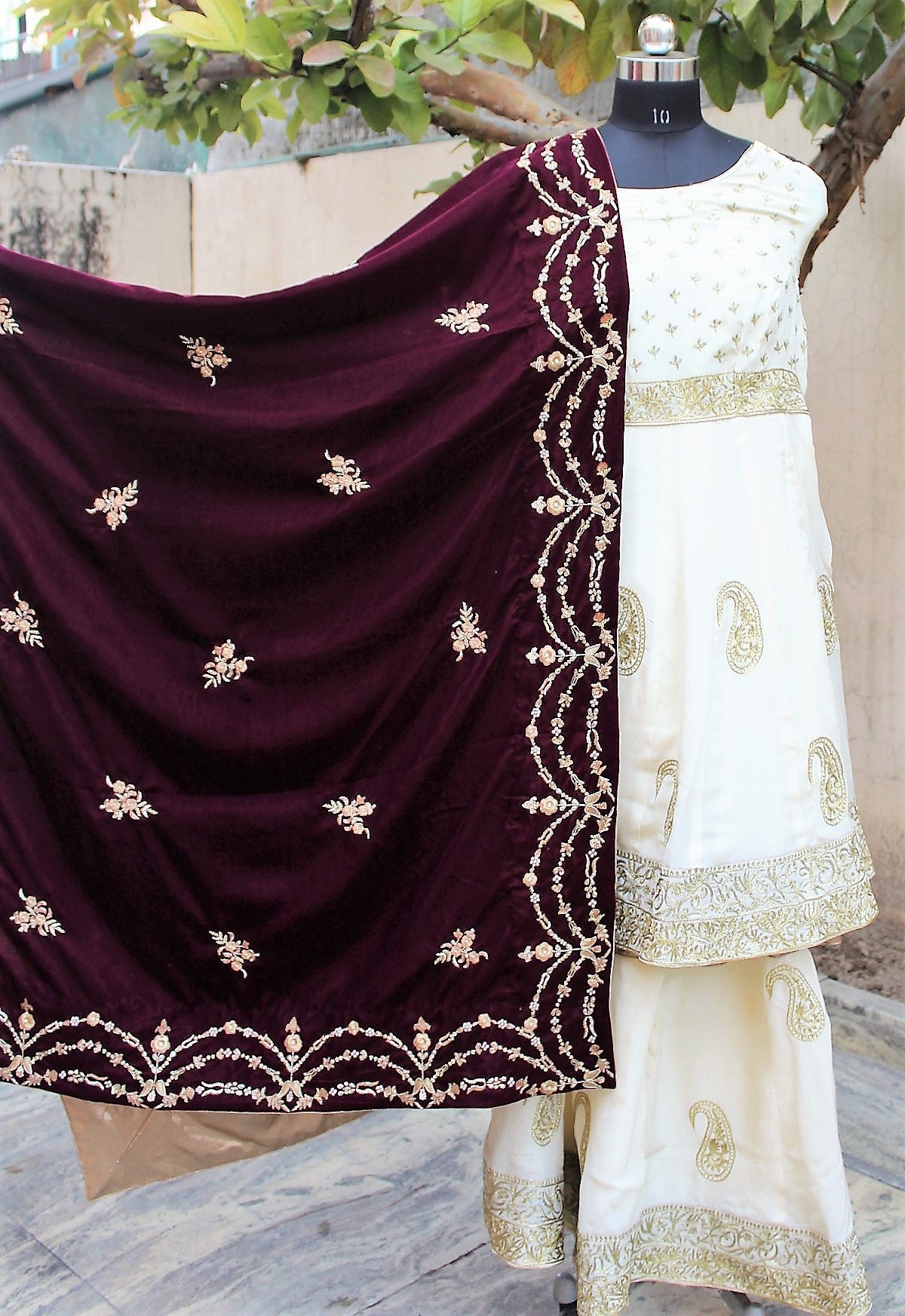 Cream Colour Dress With Wine Velvet Shawl