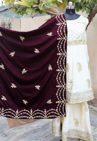 Cream Colour Dress With Wine Velvet Shawl