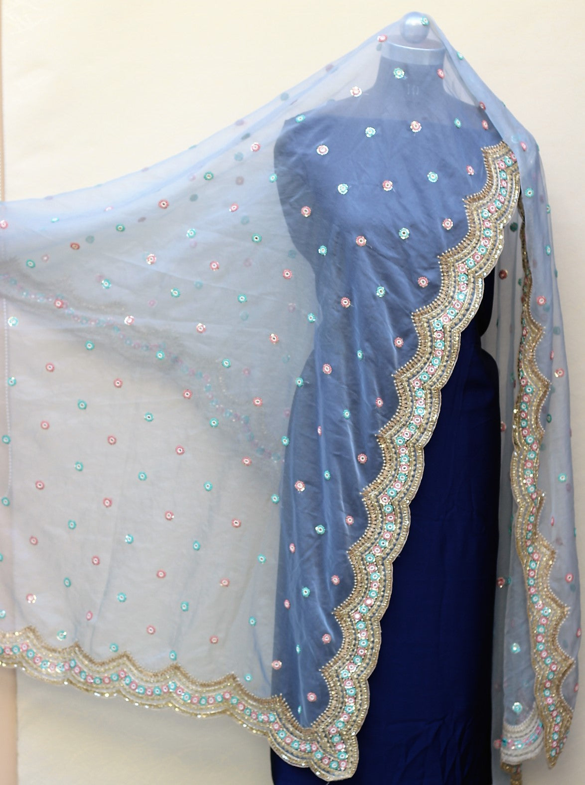 Blueish Gray Organza Hand Work Dupatta